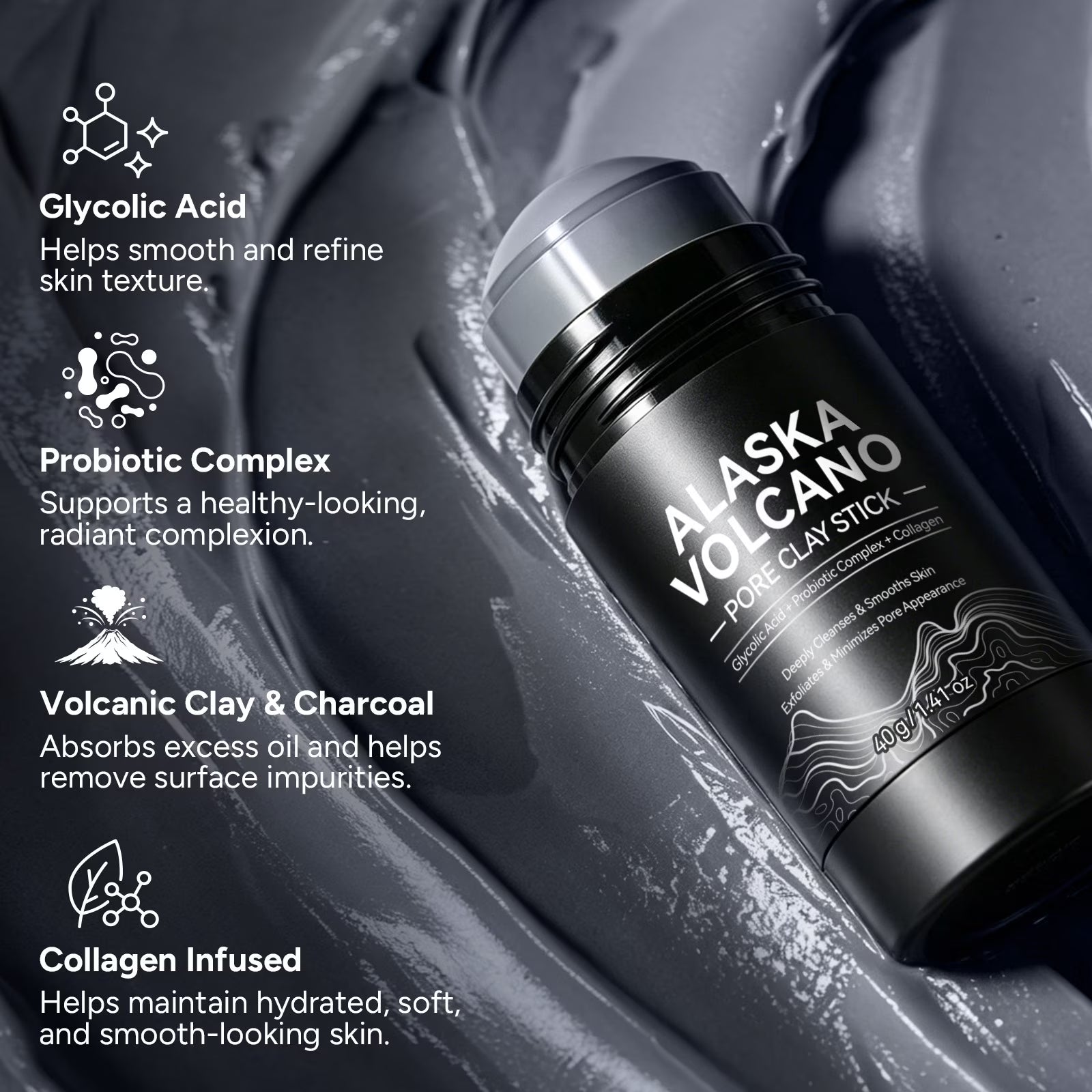 Deep Pore Cleansing Face Mask Stick, Volcanic Clay Mask, Exfoliating, Smoothing Skin, No Drying, Oil Control for All Skin Types