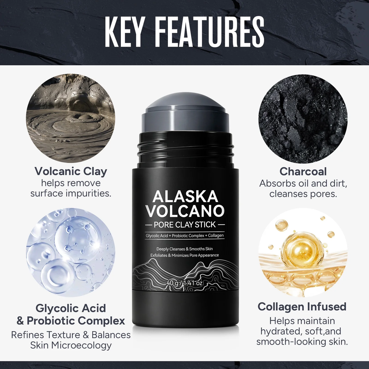Deep Pore Cleansing Face Mask Stick, Volcanic Clay Mask, Exfoliating, Smoothing Skin, No Drying, Oil Control for All Skin Types