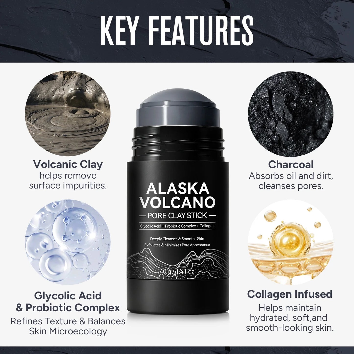 Deep Pore Cleansing Face Mask Stick, Volcanic Clay Mask, Exfoliating, Smoothing Skin, No Drying, Oil Control for All Skin Types