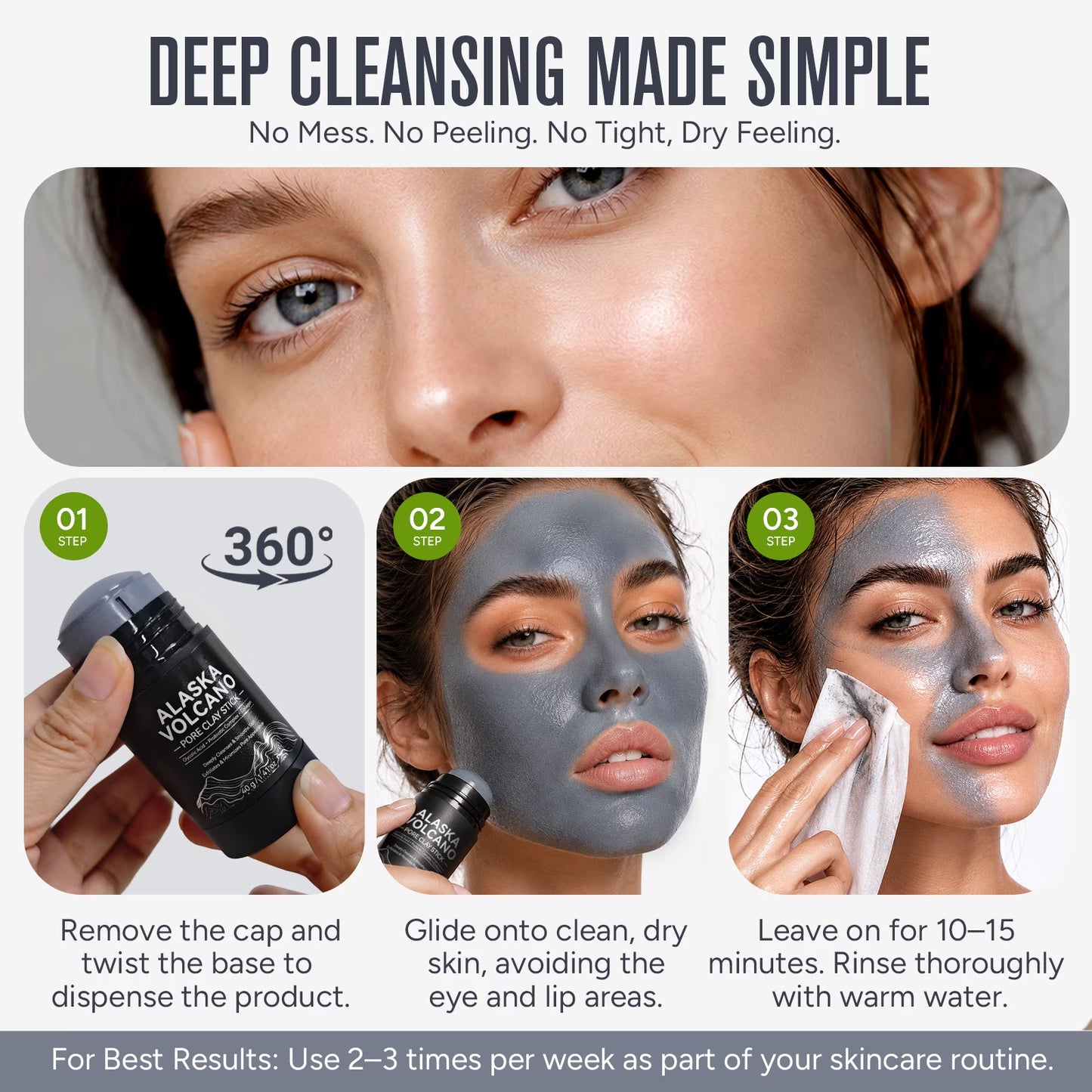 Deep Pore Cleansing Face Mask Stick, Volcanic Clay Mask, Exfoliating, Smoothing Skin, No Drying, Oil Control for All Skin Types